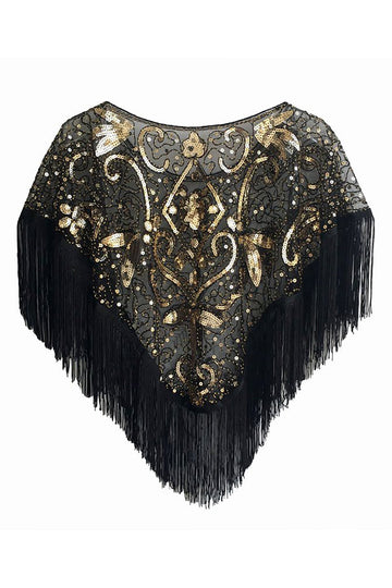 Cap à paillettes noir doré des années 1920 avec franges